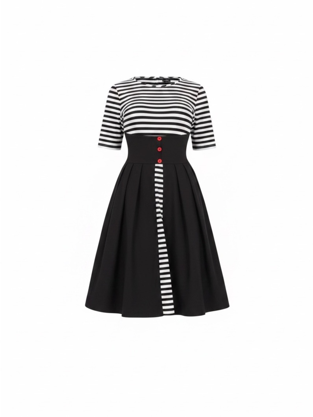 Unique Vintage Black & White Striped Fit-and-Flare Dress with Red Button Detail